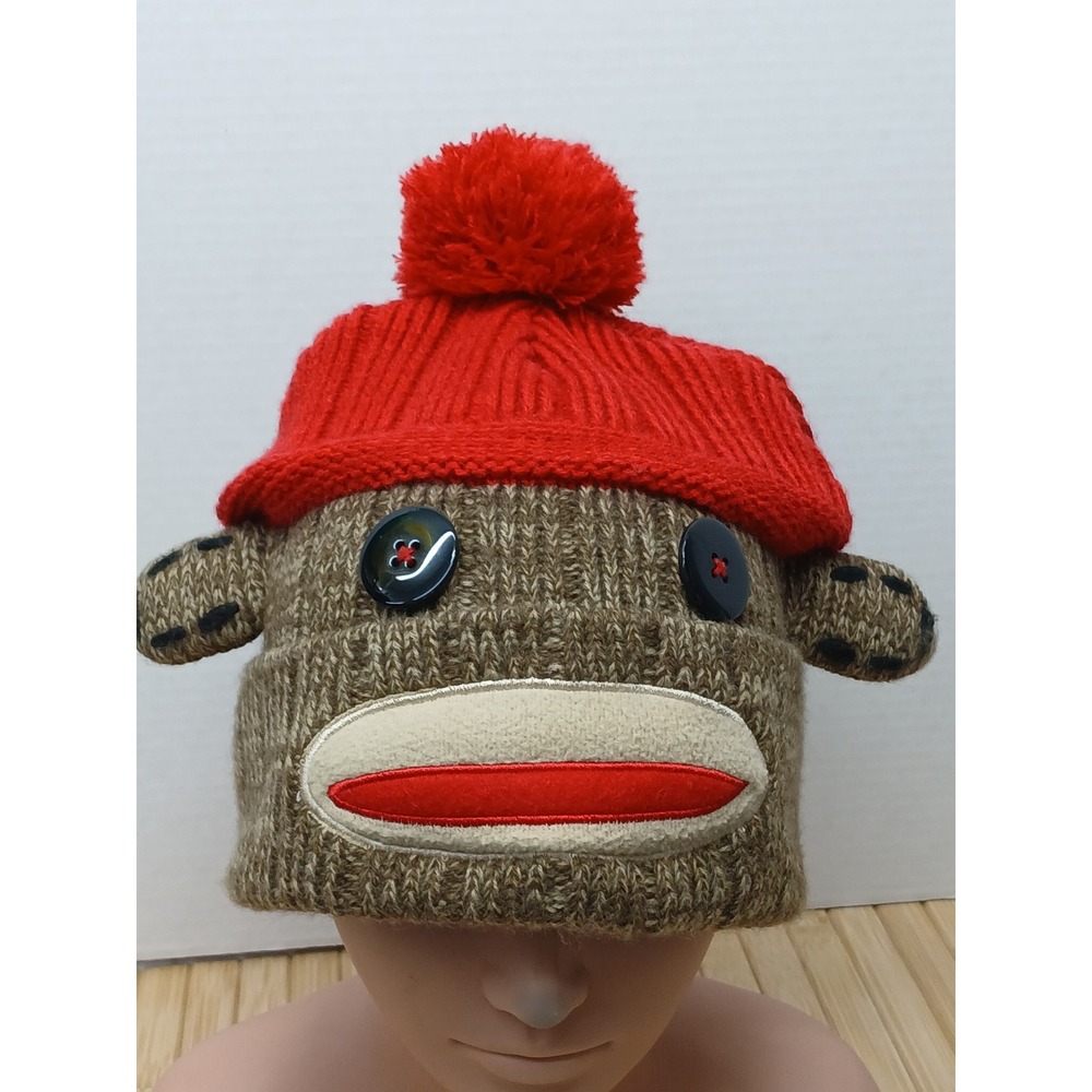 Sock Monkey Knit Beanie Hat Brown Red Pom Pom Button Eyes One Size OSFM